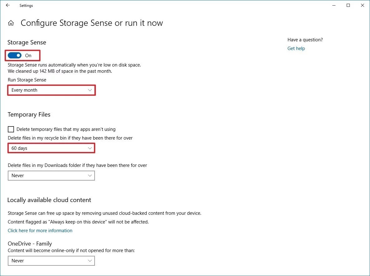 بخش تنظیمات Storage sense ویندوز 10