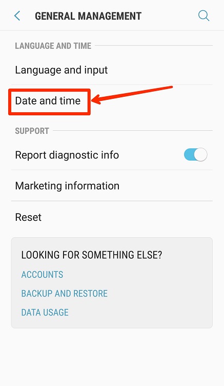 گزینه‌ی Date and time اندروید