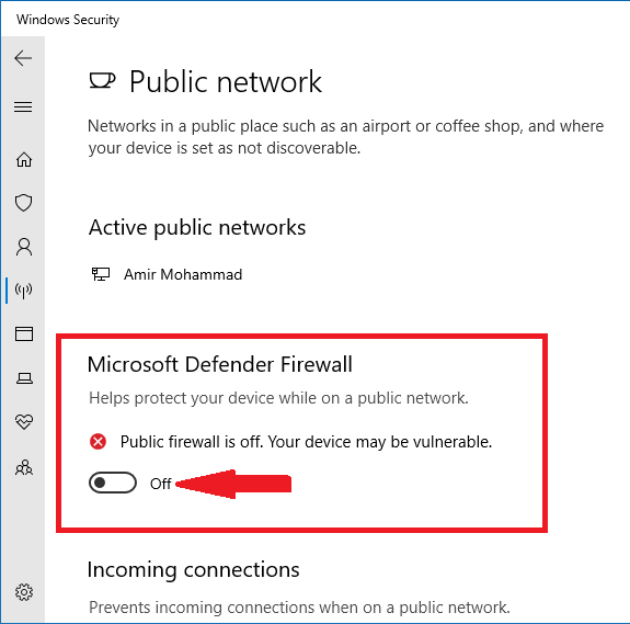 گزینه Microsoft Defender Firewall را همانند تصویر زیر خاموش کنید.