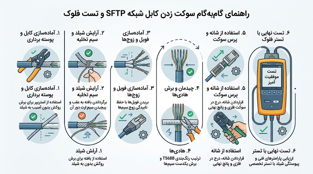 نحوه سوکت زدن کابل شبکه sftp 3 تست، ارزیابی و صحهسنجی اتصال سوکت شیلددار
